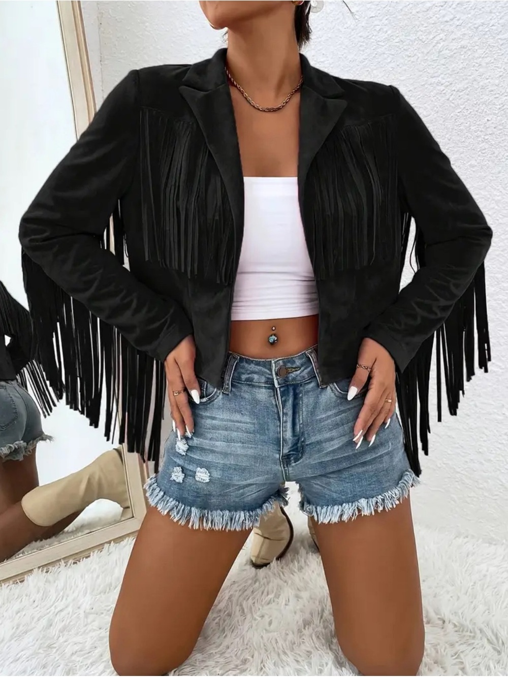 Fringed Suede-Look Black Jacket - Women